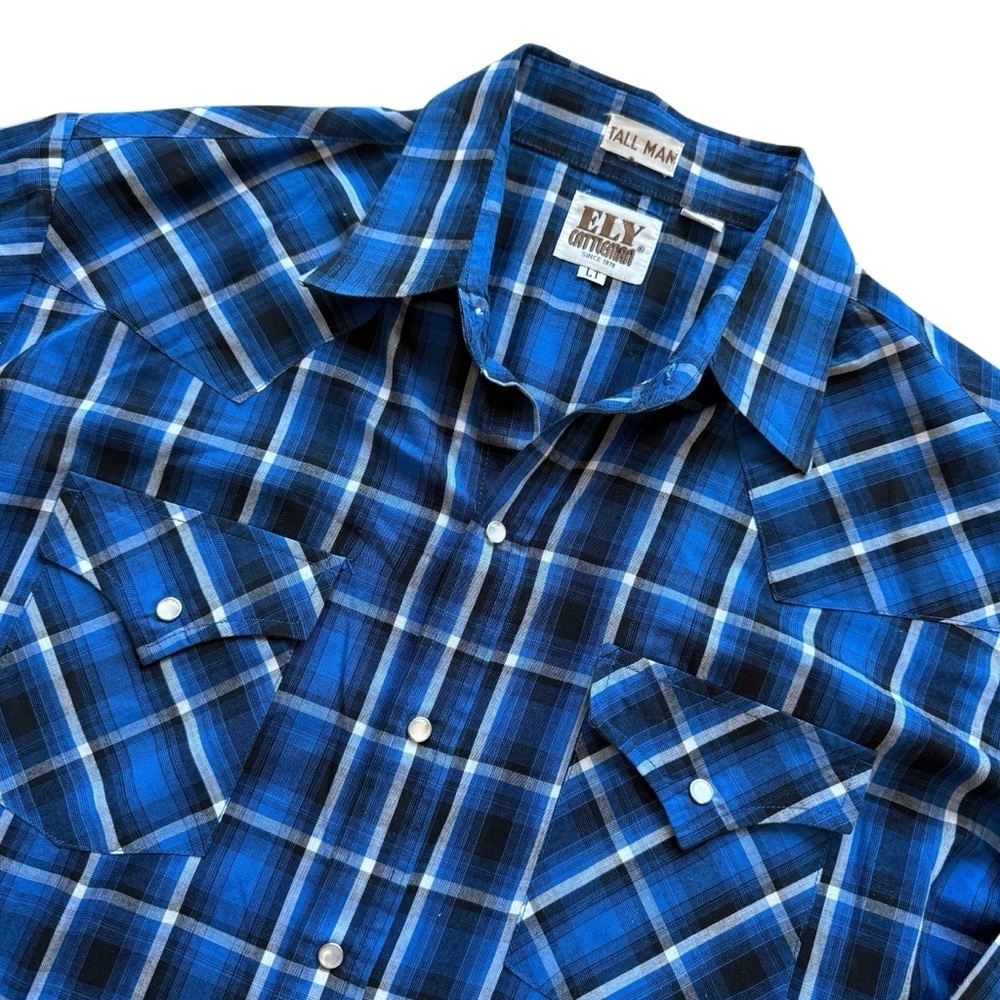 Ely Cattleman Shirt Mens LT Blue/Black Plaid Western Pearl Snap Long Rugged